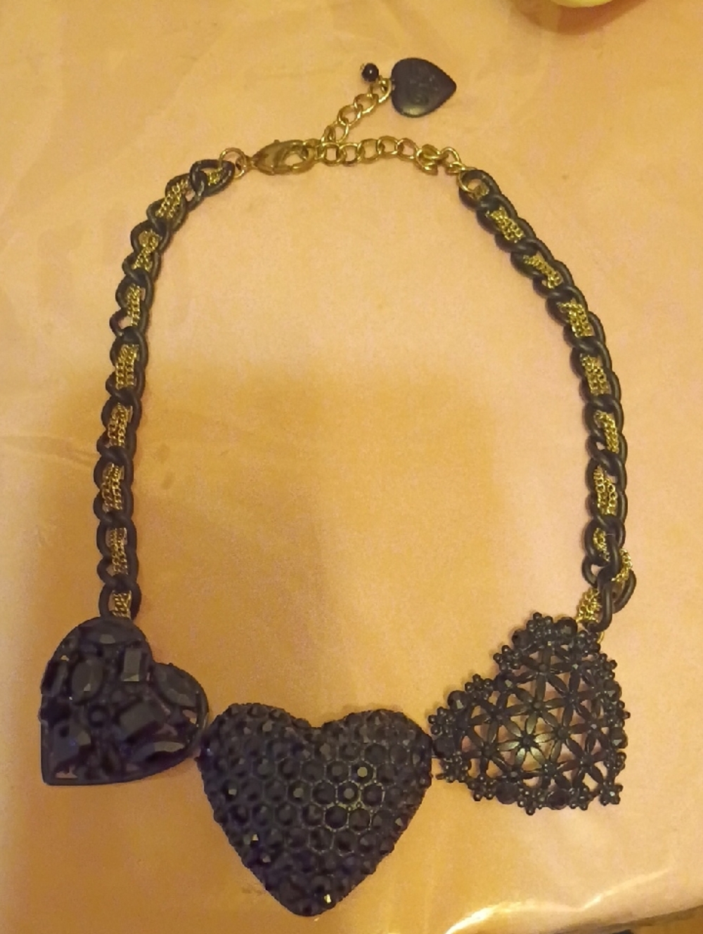 Betsey Johnson Black and Gold Triple Heart Necklace